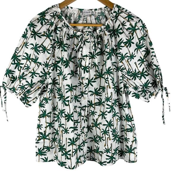 J. Crew Poplin Button Front Palm Tree Short sleeve Bow Tie Top Size Large - Picture 2 of 10